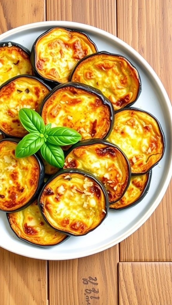 Crispy Air Fryer Baked Eggplant Recipe Crispy air fryer baked eggplant rounds garnished with basil and Parmesan on a rustic wooden table.